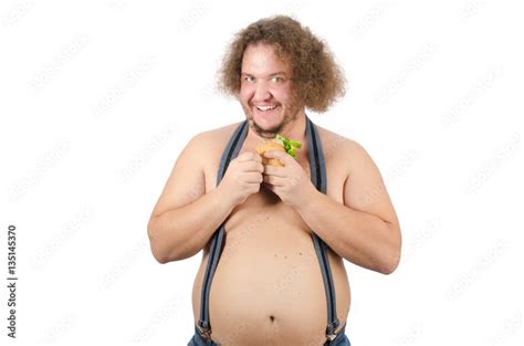 Fat Man Eating A Hamburger Hunger And Burger Funny Guy Shirtless And Fast Food Stock Photo