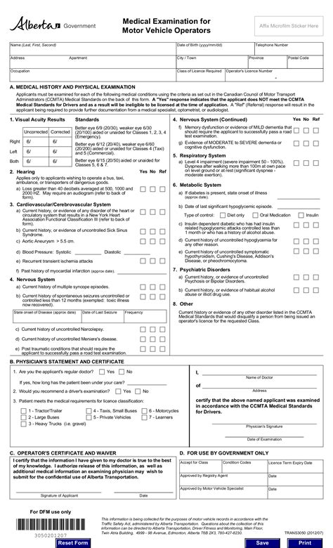 Alberta Government Medical Examination for Motor Vehicle Operators