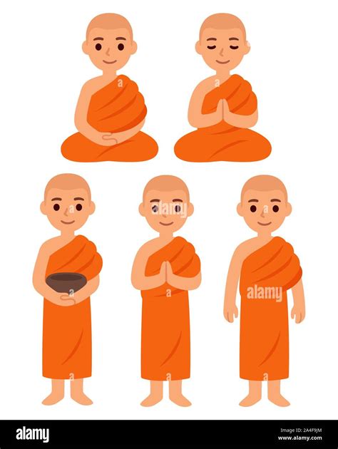 Cute Cartoon Thai Buddhist Monks In Orange Robes Standing With Alms