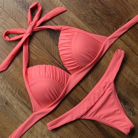 Halter Bandage Swimwear Women Push Up Bikini Set Solid Swimsuits 2018 Brazilian Bikini Thong