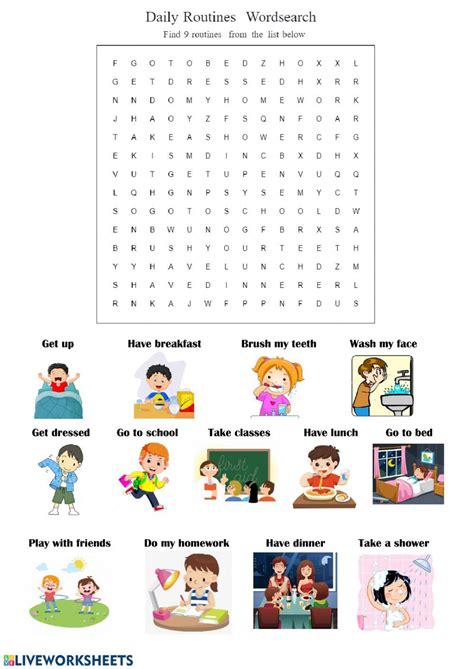 Daily Routines Wordsearch Worksheet