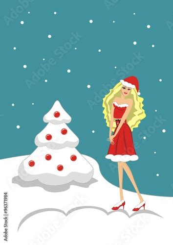 Illustration Beautiful Sexy Blonde Girl In A Red Christmas Card Vector Stockfotos Und