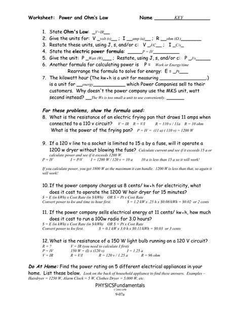 Electrical Power Worksheet Answers