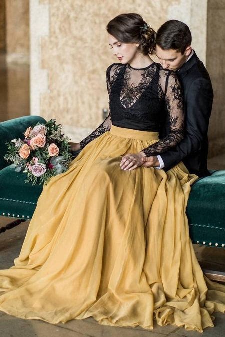 Black Lace Long Sleeve Wedding Dress Yellow Chiffon Skirt