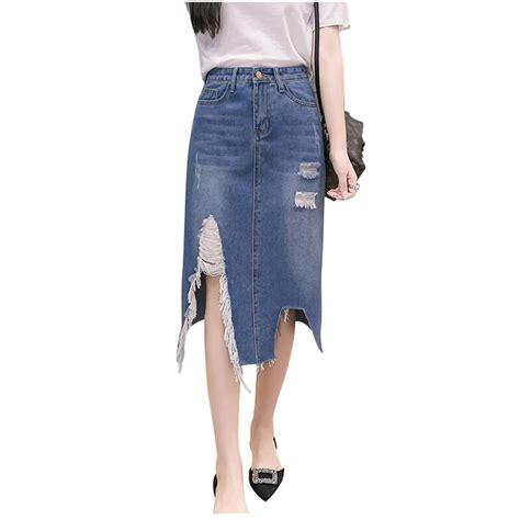 New Arrival Irregular Ripped Hole Mid Denim Skirts Fashion Vintage Sexy High Waist Women Jeans