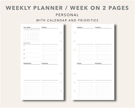 Personal Weekly Planner Printable With Calendar And Etsy