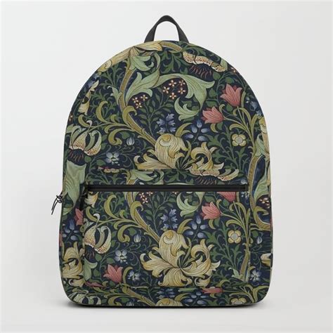 William Morris Golden Lily Midnight Green Vintage Pattern Backpack By