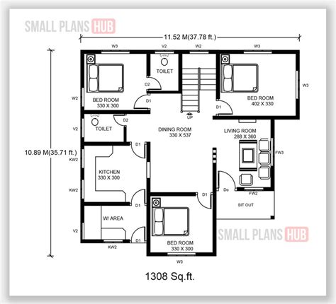 Kerala Style Three Bedroom Single Floor House Plans Under 1300 Sqft
