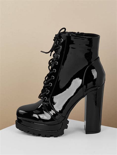 Lace Up Patent Lug Sole Platform Heeled Boots Zapatos Ropa Hermosa