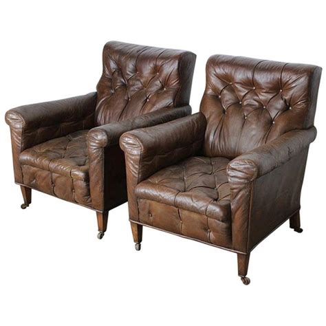 Frame is constructed of a combination of hardwood, softwood, particle board and 16mm and 18mm plywood. Pair of 19th Century Leather Armchairs For Sale at 1stdibs