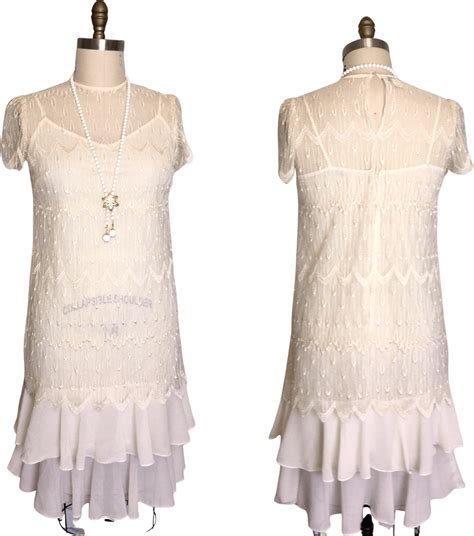 Vintage 90s Ivory Lace Drop Waist Flapper Dress Shop Thrilling
