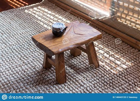 Korean Traditional Wooden Tea Table With Sunlight Stock