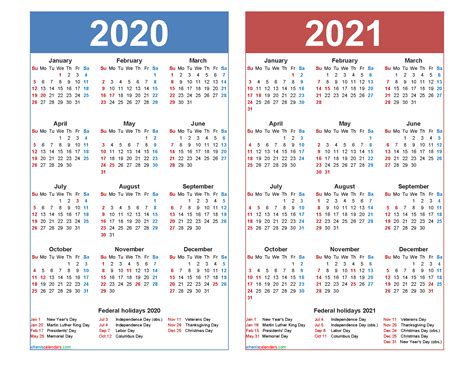 2020 And 2021 Calendar Printable With Holidays Free