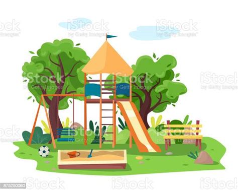 Kids Playground In City Park Swings Sandbox Slide Tree And Bench Stock