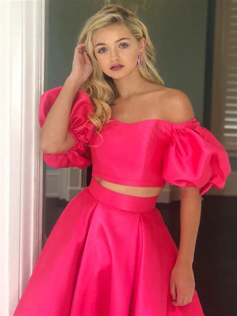 Off Shoulder Two Pieces Hot Pink Long Prom Dresses Off The Shoulder H