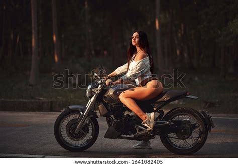 Sexy Fit Woman Black Motorcycle Cafe Stock Photo Shutterstock