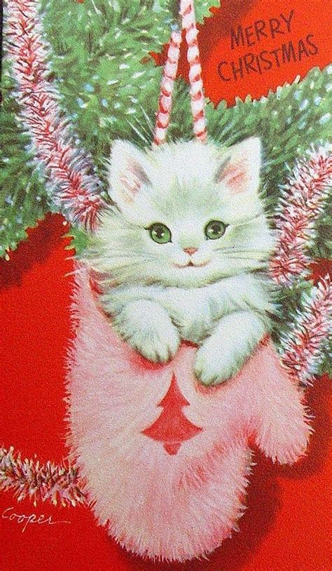 Vintage Kitten Christmas Card Christmas Illustration Vintage