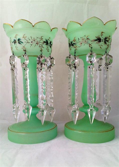 Largest collection of uranium glass in the world! Pair of Green Opaque Uranium Glass Mantle Lustre Vases ...
