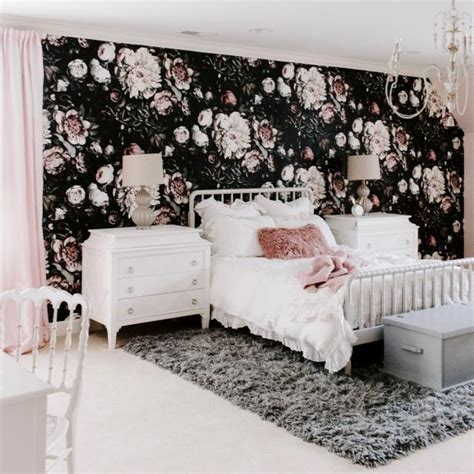 Master Bedroom With Black And Pink Floral Wallpaper Hgtv