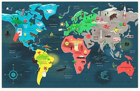World Map Of Inventions In 2020 Retro Illustration Map Design