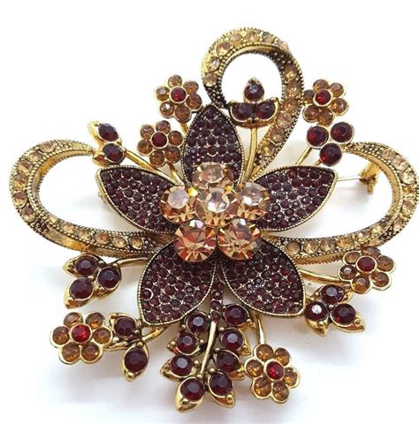 Avon Brooch 35 Years 2006 Red Amber Rhinestone Spray Gold Tone Large 3