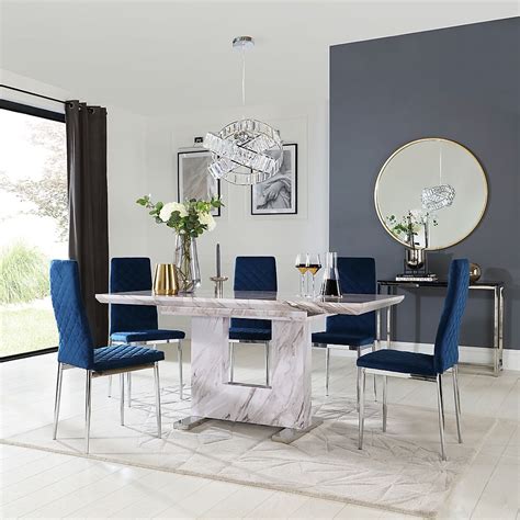 Florence Extending Dining Table Renzo Chairs Grey Marble Effect Blue Classic Velvet