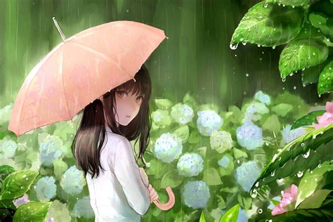 Anime Girl Umbrella Flower Pretty Cute Spring Rain Wallpaper