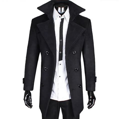 2014 New Mens Long Black Trench Coat Men Double Breasted Trench Coat
