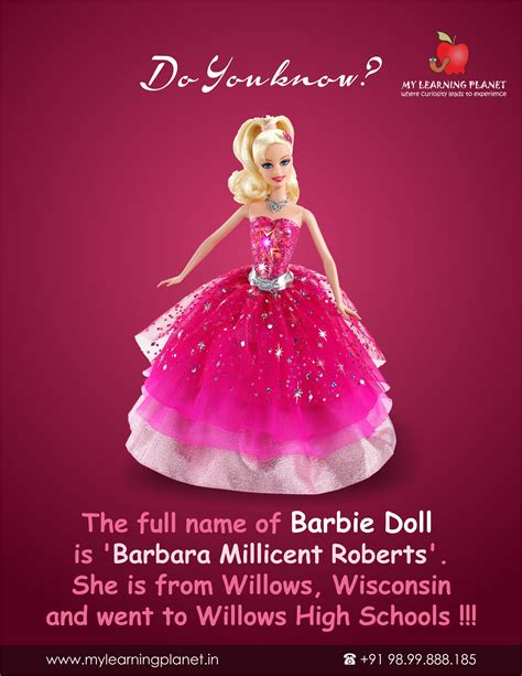 the full name of barbie doll is ‘barbara millicent roberts she is from willows wisconsin and