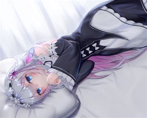 Wallpaper Re Zero Kara Hajimeru Isekai Seikatsu Blue Eyes Gray Hair Blush Bed Maid Long