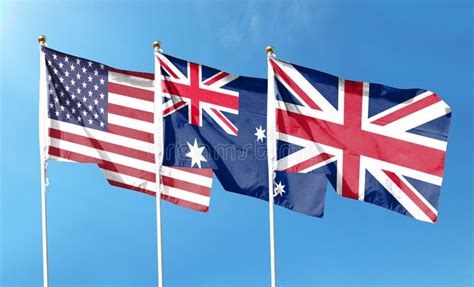 American Flag And British Flag With Australian Flag On Cloudy Sky