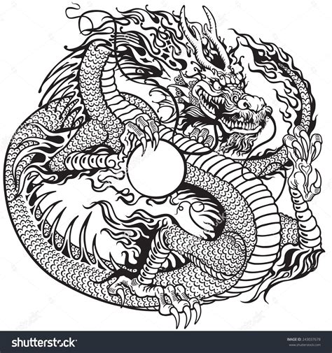 Chinese Dragon Holding Pearl Black And White Tattoo Illustration