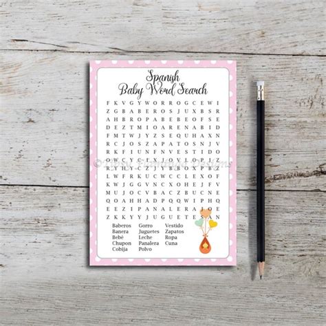 Word Search Spanish Baby Shower Baby Shower Game Pink Etsy
