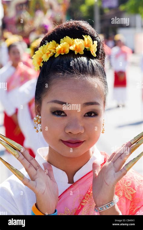 Thailand Chiang Mai Chiang Mai Flower Festival Portrait Of Girl In Traditional Thai Costume
