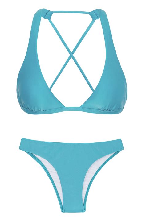 Sky Blue Triangle Halter Bikini With Crossed Back Orvalho Cortinao