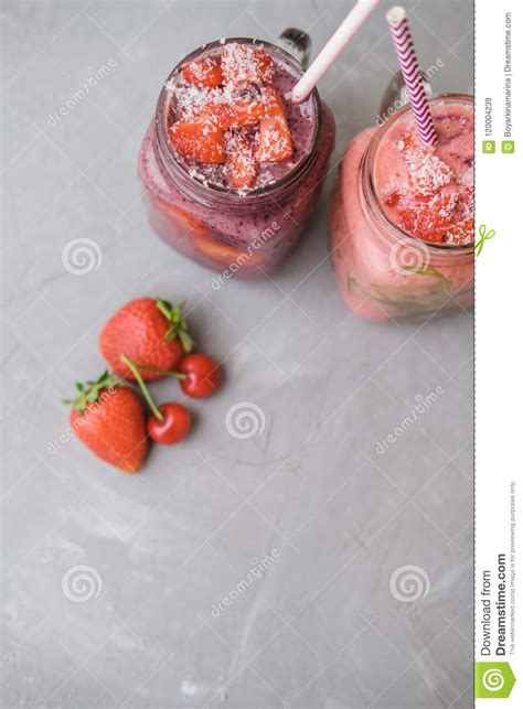 Berry Smoothies With Strawberries And Blueberries In A Glass Jar Stock Image Image Of