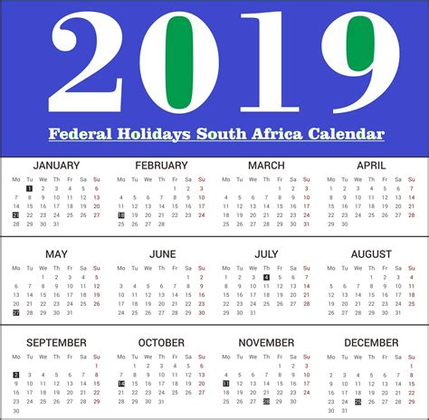 A Calendar For The Federal Holidays In South Africa With Dates On Each