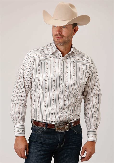 Roper Mens Brown And Blue Wallpaper Stripe Western Snap Shirt