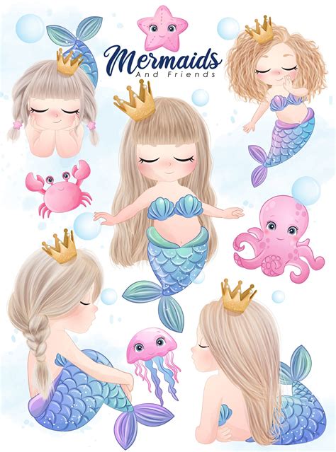 Cute Mermaid And Friends Clipart With Watercolor Digital Etsy Canada