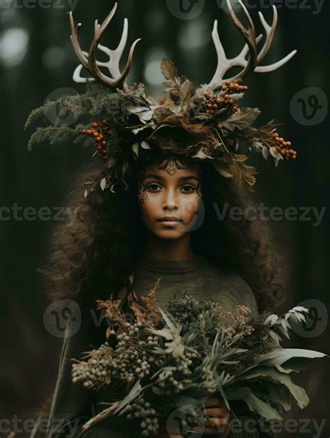 A Woman With Deer Antlers On Her Head In The Woods Generative Ai
