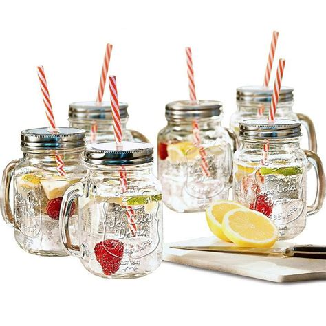 Estilo Mason Jar Mugs With Handle And Straws Old Fashioned Drinking Glass Set 6 16 Oz Each
