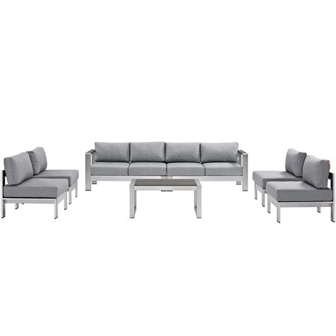 Shore 7 Piece Outdoor Patio Sectional Sofa Set Silver Gray