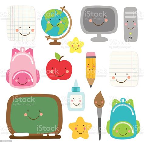 Cute Childish Back To School Supplies As Smiling Cartoon Characters