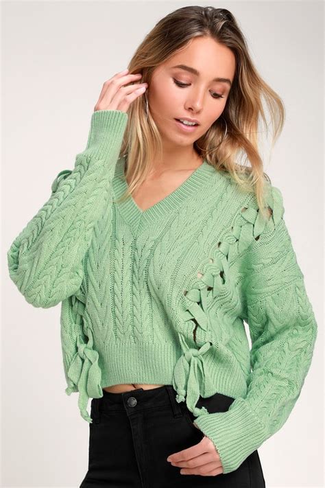 cropped mint green sweater lace up sweater cable knit sweater lulus
