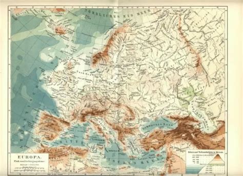 1889 ANTICA Mappa EUROPA Fisica EUROPE OLD MAP EUR 7 90