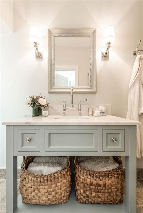 There are lots of creative bathroom vanity ideas out there. Blue Gray Vanity with Shelf - Transitional - Bathroom