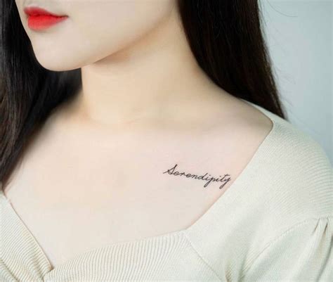 Serendipity Lettering Tattoo On The Collarbone