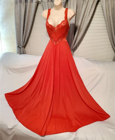 Vintage Large Redorange Olga Bodysilk Nylon Spandex Nightgown Enormous Sweep Ebay