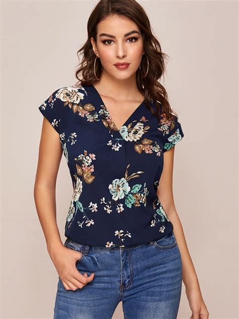 Floral Print V Neck Cap Sleeve Blouse