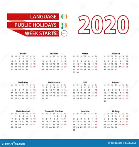 Calendar 2020 In Irish Language With Public Holidays The Country Of